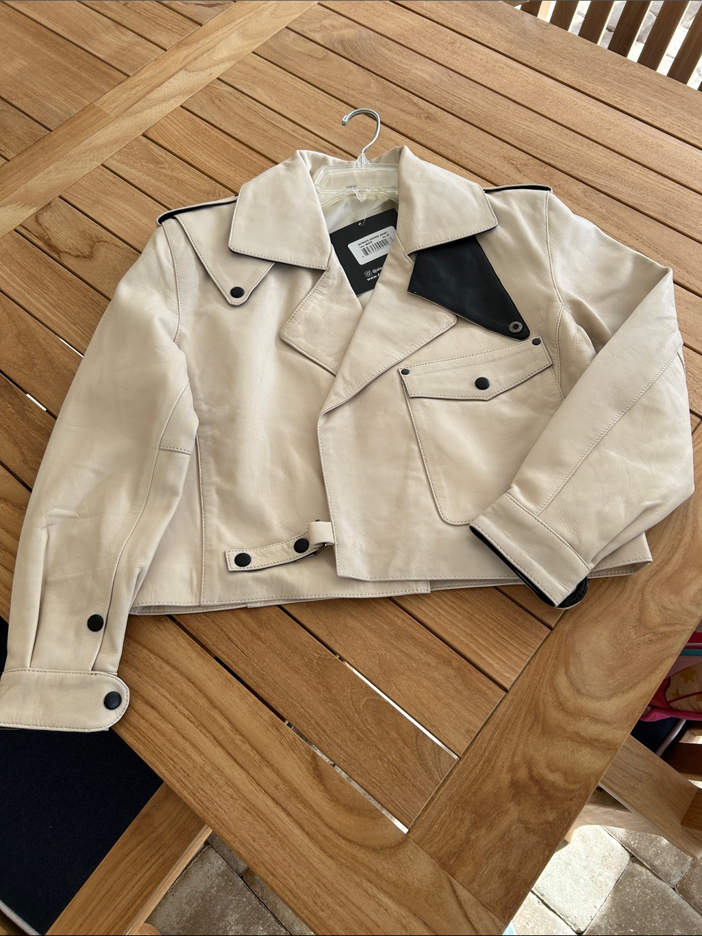 Aleeza Paris- Cream / White Leather Jacket With Black Trim